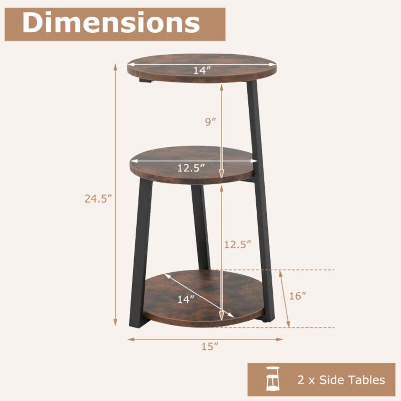 Hivvago 3-Tier Accent Round Side Table with Metal Frame-2 pieces