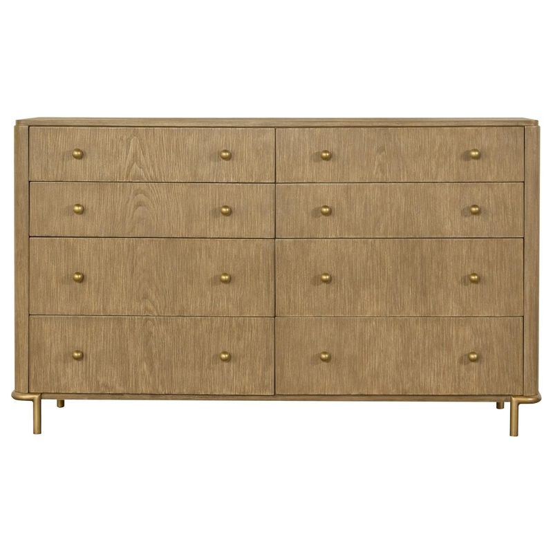 Benjara Sea 63 Inch Modern Dresser with 8 Drawers, Slender Legs, Natural Brown Wood