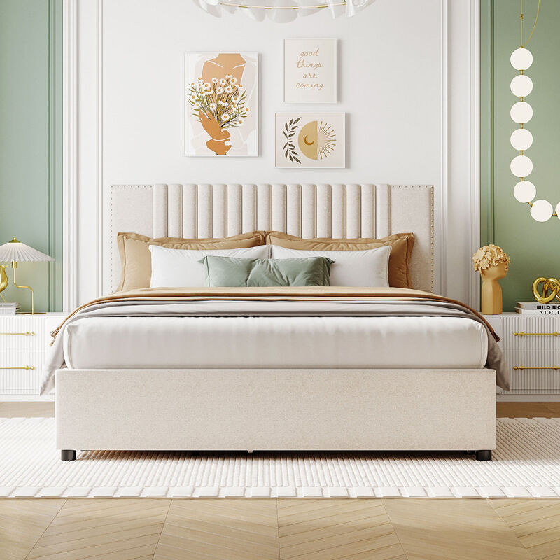 Queen Size Upholstered Platform Bed With 2 Drawers And 1 Twin XL Trundle, Classic Headboard Design