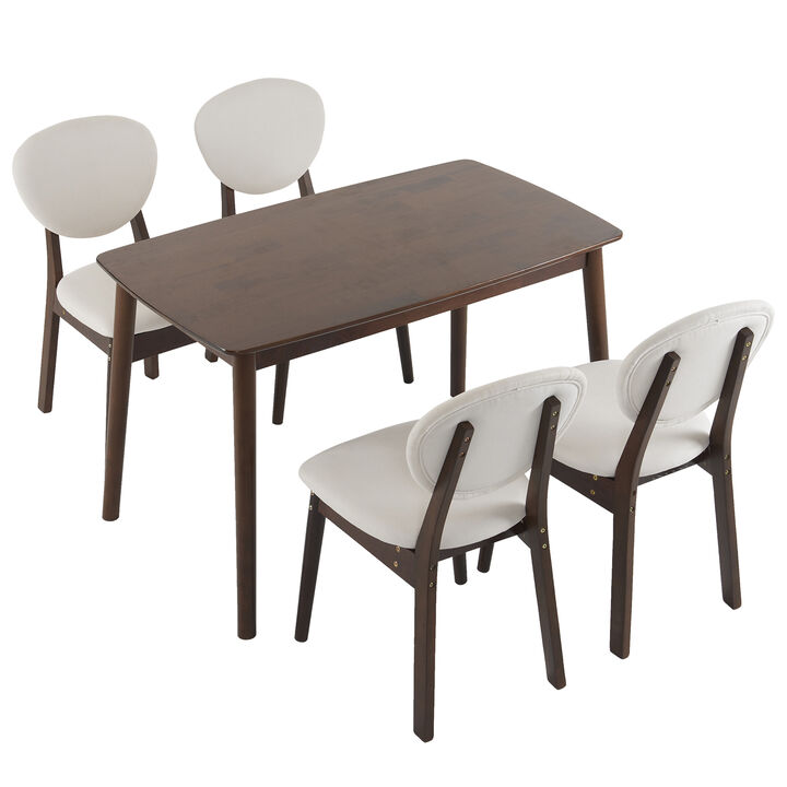 5-Piece Wooden Dining Set, Rectangular Rubber Wood Table with Upholstered Chairs