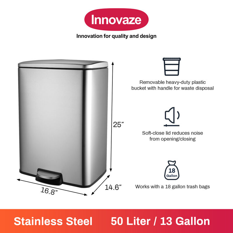Innovaze 13 Gal./50 Liter Rectangular Stainless Steel Step-on Trash Can for Kitchen