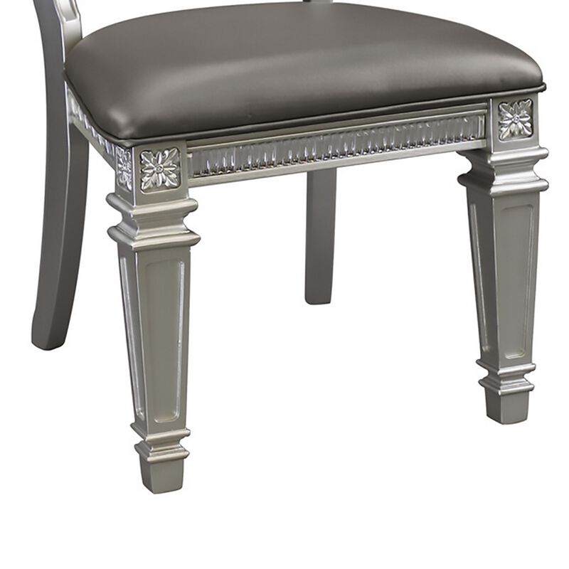 28 Inch Wood Dining Chair, Faux Leather, Acrylic Crystals, Set of 2, Silver-Benzara