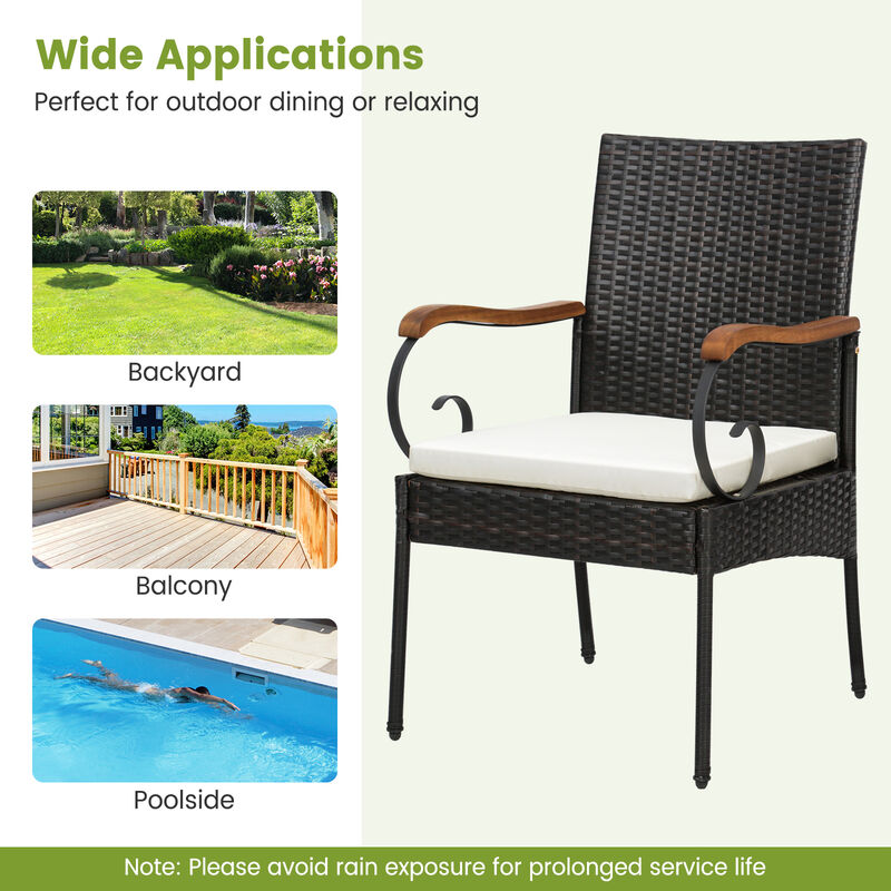 Set of 2 Outdoor PE Wicker Chair with Acacia Wood Armrests