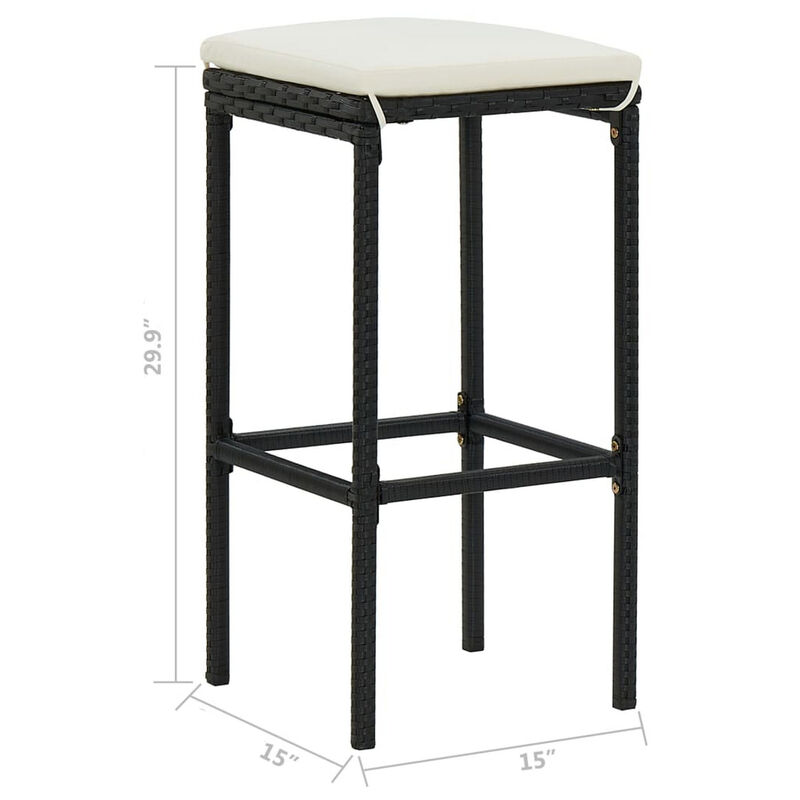 Outdoor Barstool Set of 4, Cream White Cushion, Black Poly Rattan - Benzara