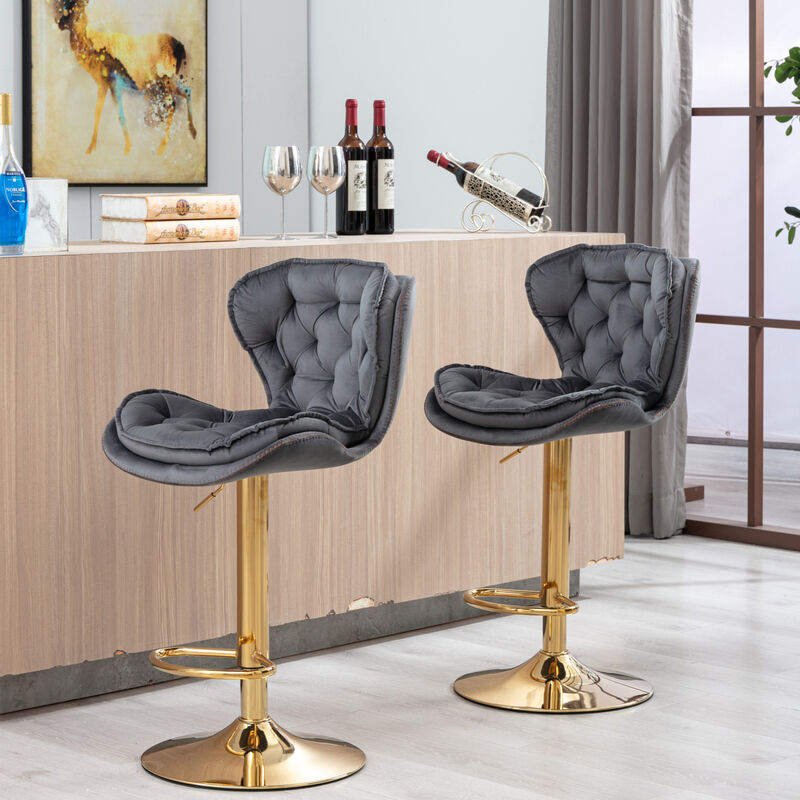 Set of 2 Bar Stools, with Chrome Footrest and Base Swivel Height Adjustable Mechanical Lifting Velvet + Golden Leg Simple Bar Stool-gray
