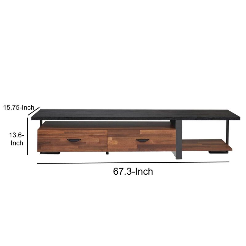 Metal Framed Wooden TV Stand Straight with Two Drawers and Open Shelf, Black and Brown-Benzara