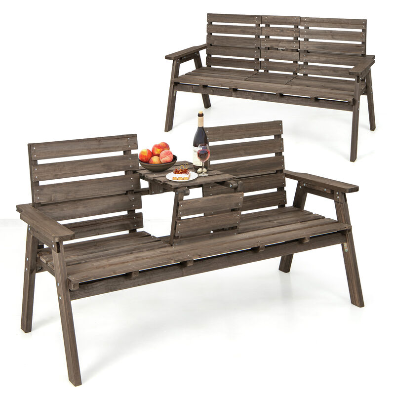 Outdoor Fir Wood Bench with Foldable Middle Table-Grey