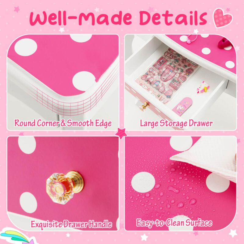 Hivvago Kids Vanity Table and Stool Set with Cute Polka Dot Print-Pink