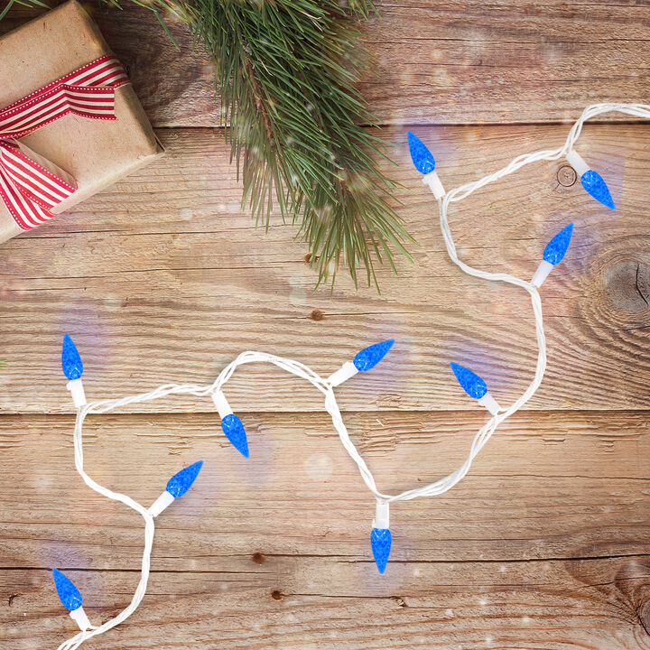70 Count Blue LED C6 Faceted Christmas Lights  22.5 ft White Wire