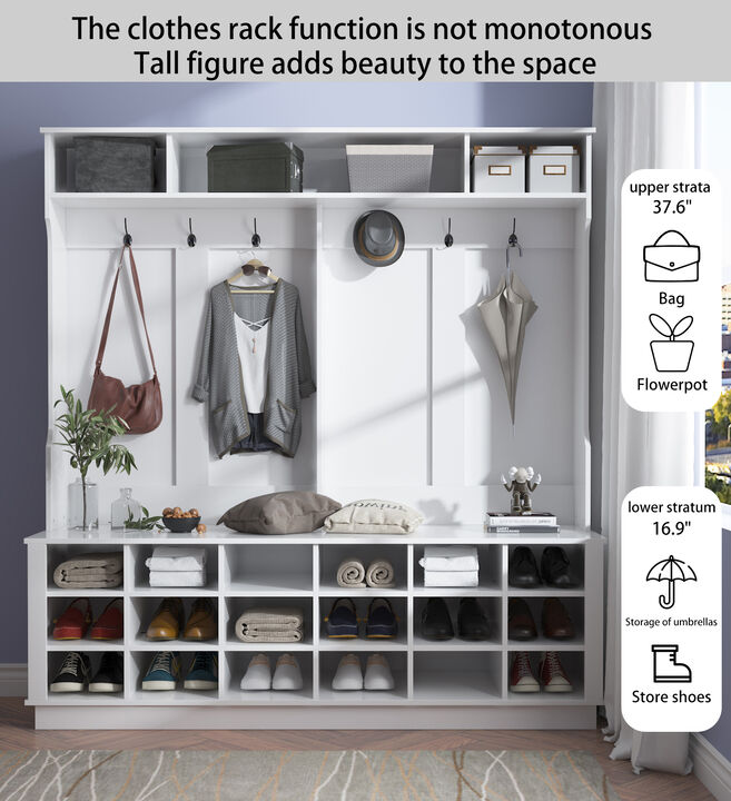 63 in. W White Wood 3-in-1 Hall Tree Coat Rack Shoe Storage Bench with 6-Metal Double Hooks, Shoe Rack and Shelves