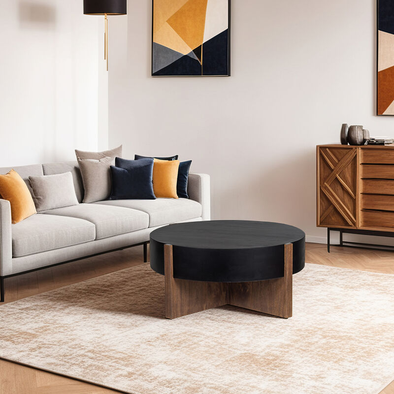 Naufe Coffee Table, 41 Inch Round Matte Black Top, Brown Cross Panel Legs, Mango Wood Frame