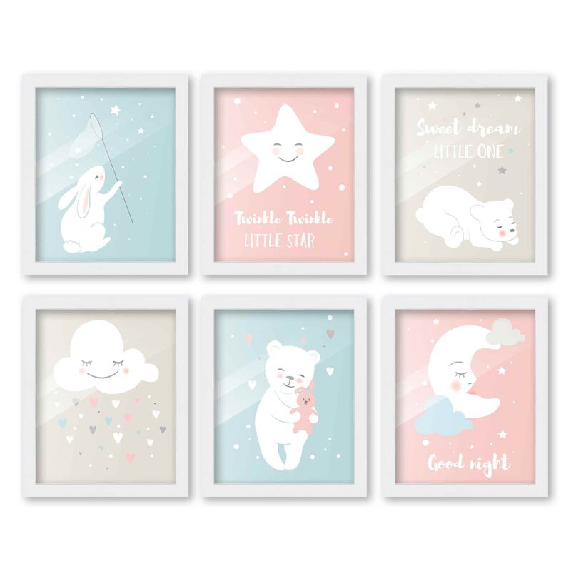8x10 Framed Nursery Wall Art Set of 6 Hand Drawn Twinkle Twinkle Little Star Prints in White Wood Frames