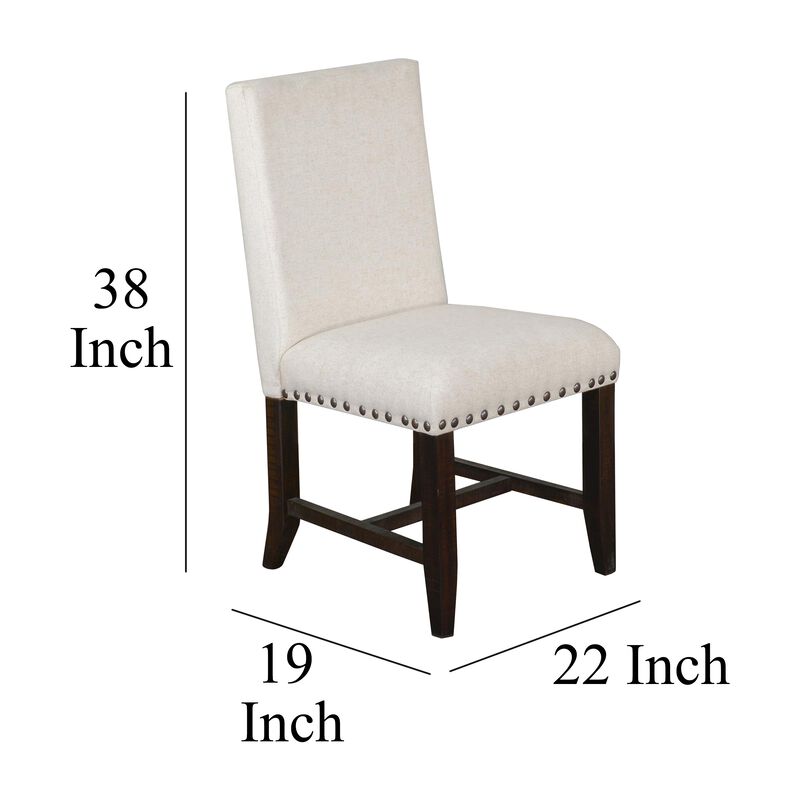 Anva Dining Chair Set of 2, Ivory, Nailhead Trim, Black Mahogany - Benzara