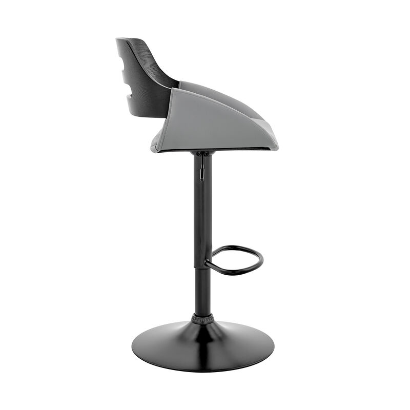 Karter Adjustable Gray Faux Leather and Black Wood Bar Stool with Black Base