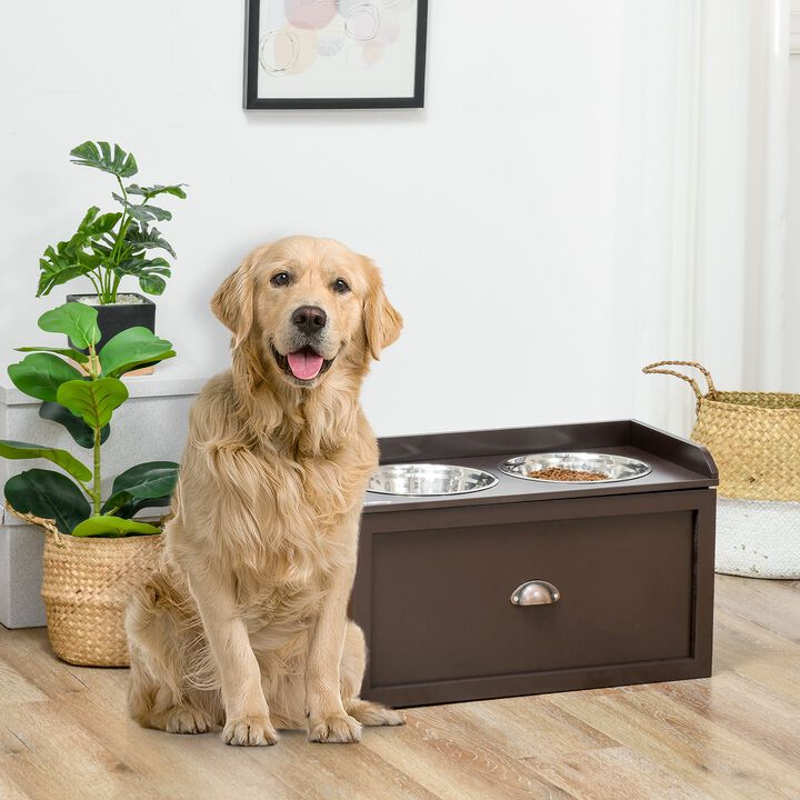 Brown Pet Feeder: Large Elevated Dog Bowls with 21L Storage Drawer