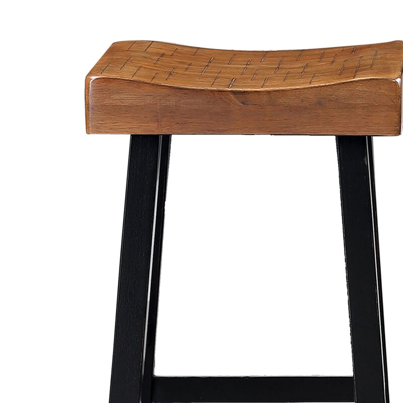 Bianca Barstool Set of 2, Light Brown Saddle Seat, Black Solid Wood