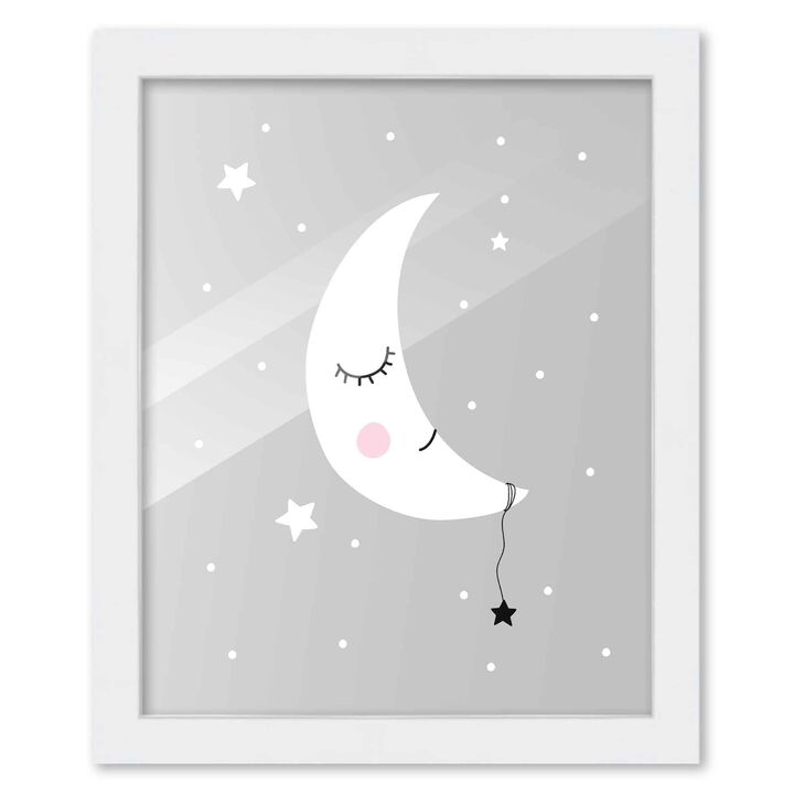 8x10 Framed Nursery Wall Art Hand Drawn Sleepy Moon Poster in White Wood Frame For Kid Bedroom or Playroom