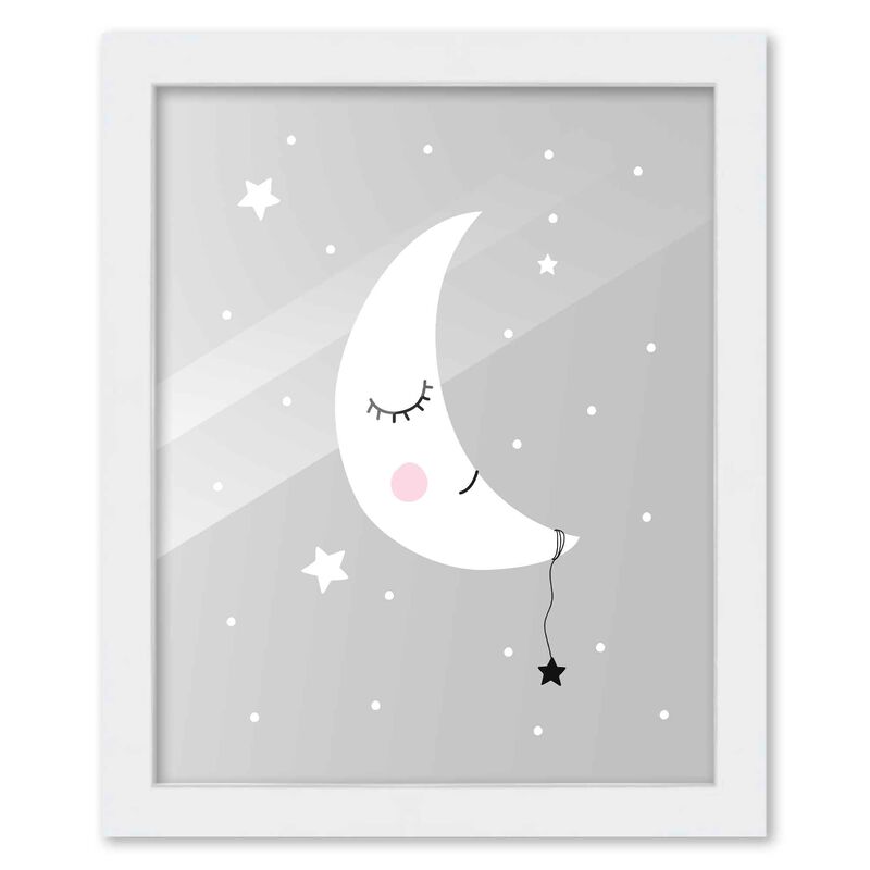 8x10 Framed Nursery Wall Art Hand Drawn Sleepy Moon Poster in White Wood Frame For Kid Bedroom or Playroom