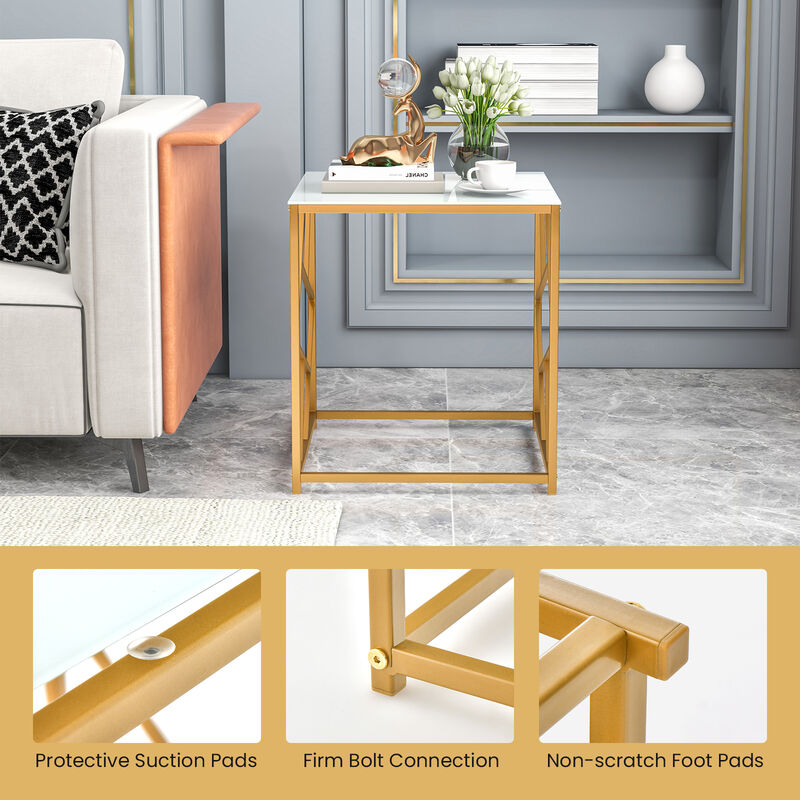 Square End Table with Tempered Glass Tabletop and Gold Finish Geometric Frame-Golden