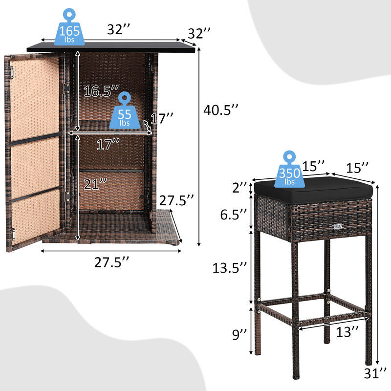 5 Pieces Patio Rattan Bar Table Stool Set Hidden Storage Shelf Cushioned