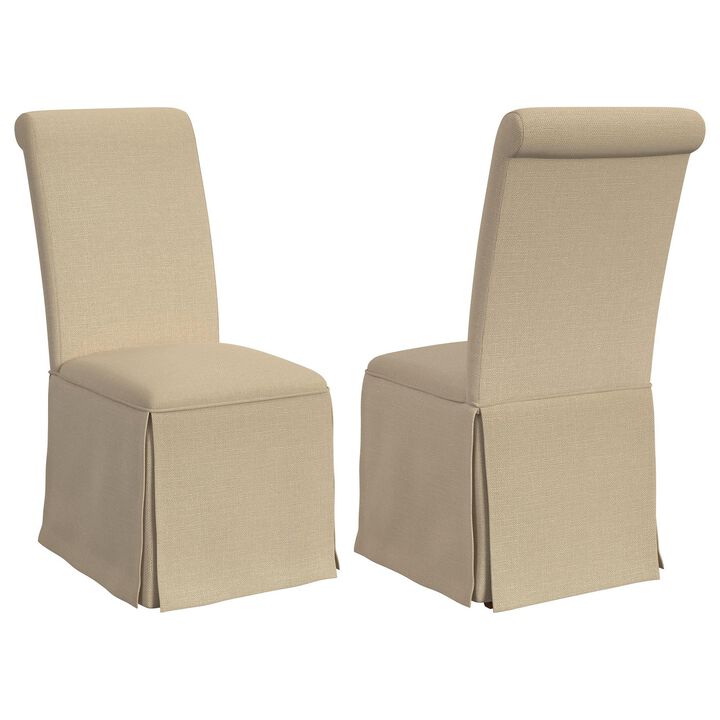 Shaw Dining Chair Set of 2, Tall Rolled Back and Skirted Base, Beige - Benzara