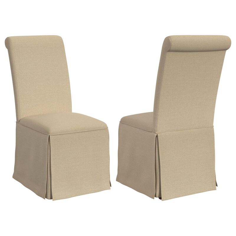 Shaw Dining Chair Set of 2, Tall Rolled Back and Skirted Base, Beige - Benzara