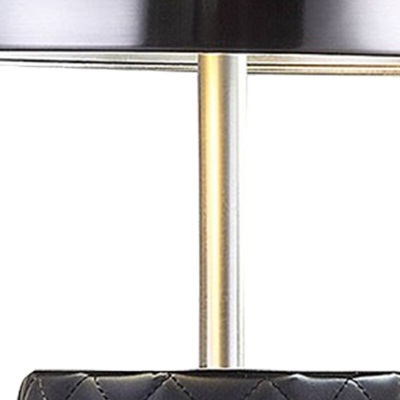 Aria 21 Inch Table Lamp, Round, Dome Shade, Dark Silver, Black Faux Leather-Benzara