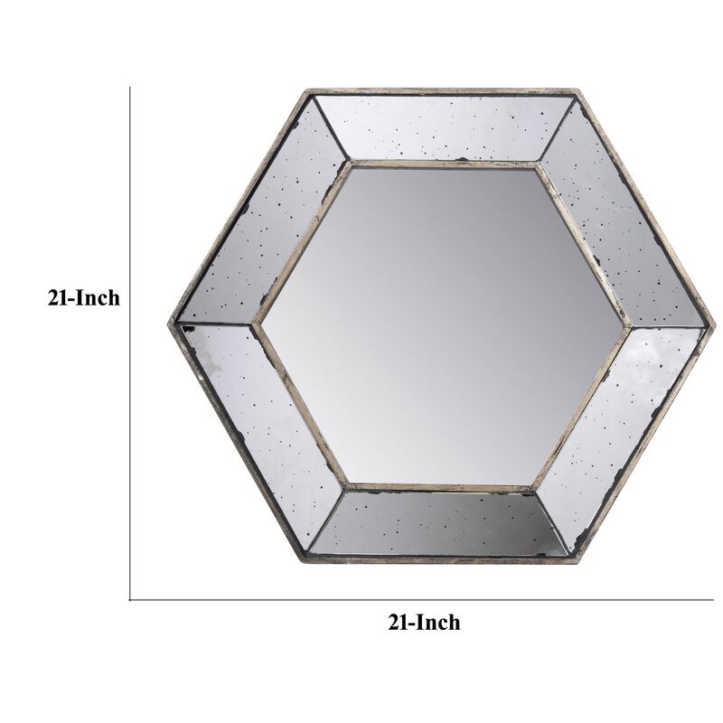 Filo 21 Inch Wall Accent Mirror, Raised Tray Edges, Hexagonal Mirror Frame-Benzara