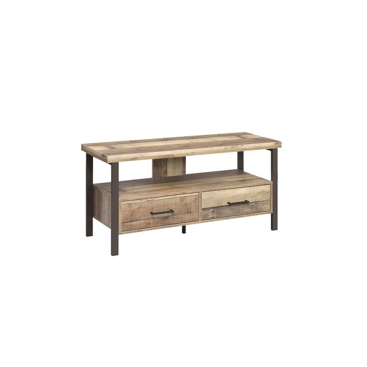 48 Inch Wooden TV Console with 2 Storage Drawers and Open Shelf, Brown - Benzara