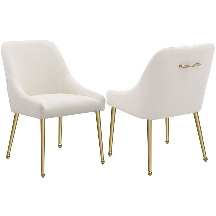 Maya Dining Side Chair Set of 2, Ivory Velvet, Brass Plated Metal Legs - Benzara