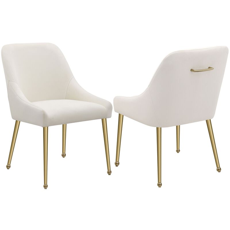 Maya Dining Side Chair Set of 2, Ivory Velvet, Brass Plated Metal Legs - Benzara