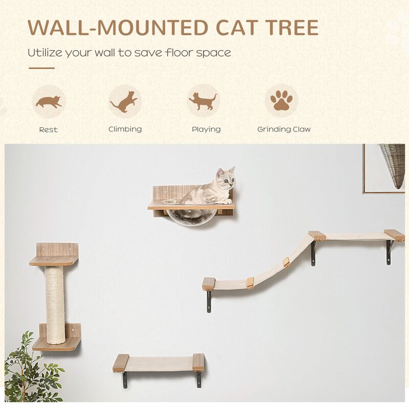 Beige Cat Playground: 4-Piece Wall-Mounted Activity Set with Hammock