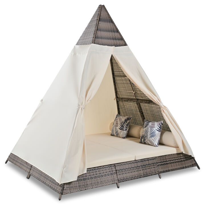 Whisen Outdoor Sunbed With Colorful Pillows, Tent Shape Wicker Patio Daybed With Cushions