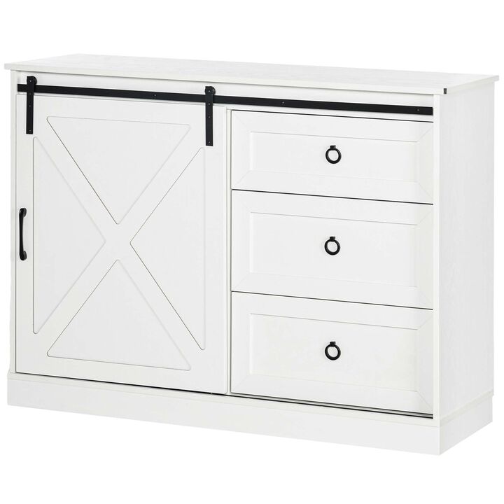 HOMCOM Farmhouse Sideboard Buffet Cabinet, Kitchen Cabinet Coffee Bar Cabinet with Sliding Barn Door and 3 Storage Drawers for Living Room, White