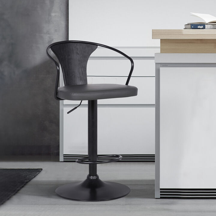 Eagle Adjustable Height Swivel Black Faux Leather and Wood Stool with Black Metal Base
