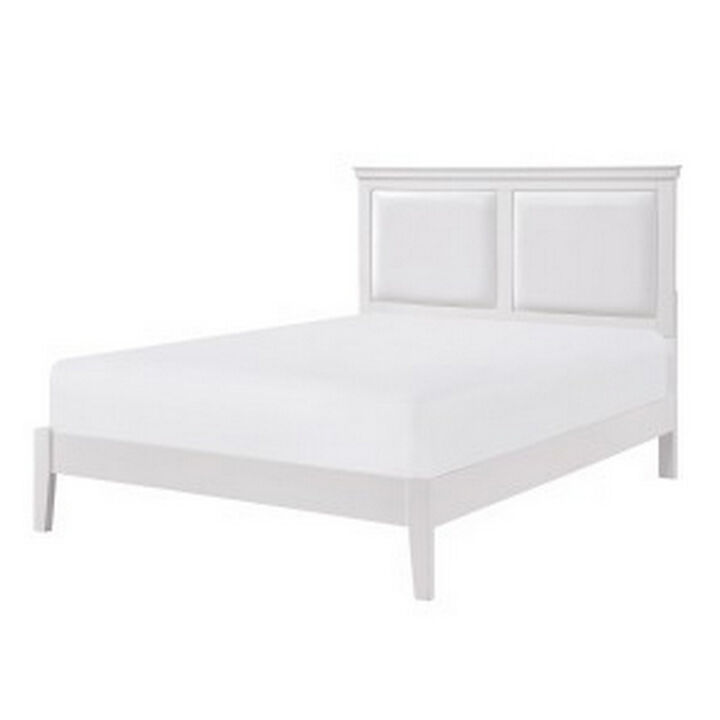 Brite Queen Size Bed, White Faux Leather Upholstered Headboard, Low Profile - Benzara