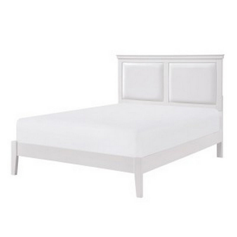 Brite Queen Size Bed, White Faux Leather Upholstered Headboard, Low Profile - Benzara