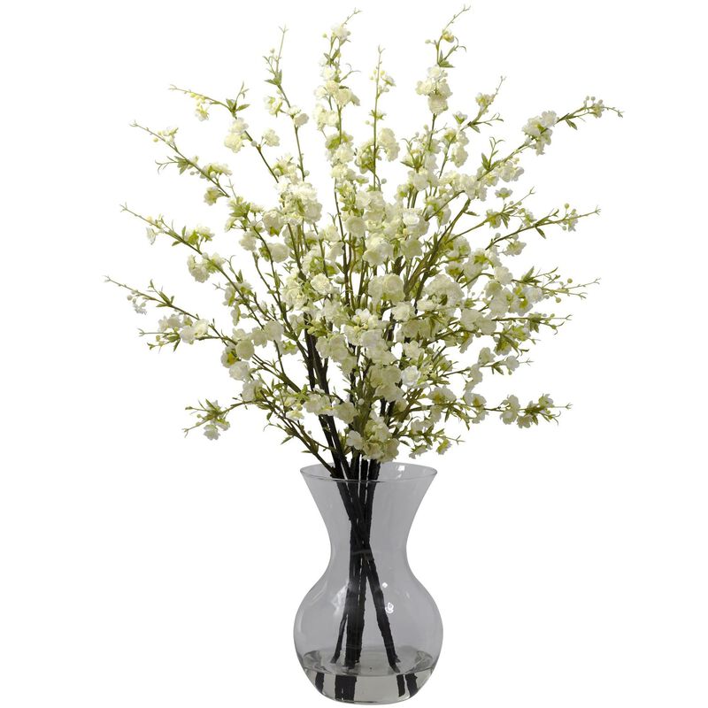 Nearly Natural Cherry Blossoms w/Vase Arrangement White