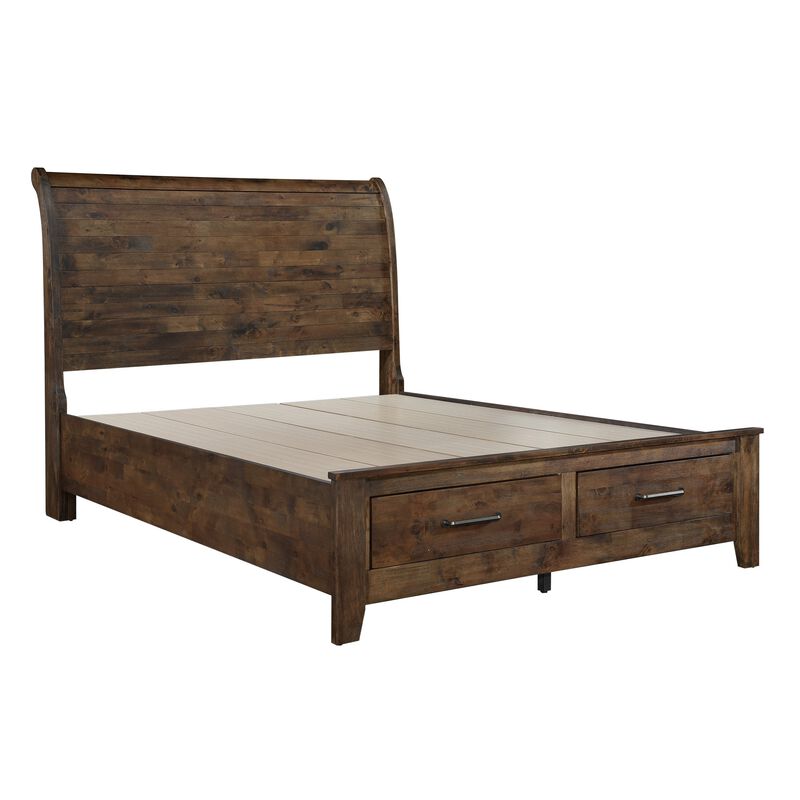 Rick Queen Size Platform Bed, Sleigh, 2 Footboard Storage, Brown Rubberwood - Benzara