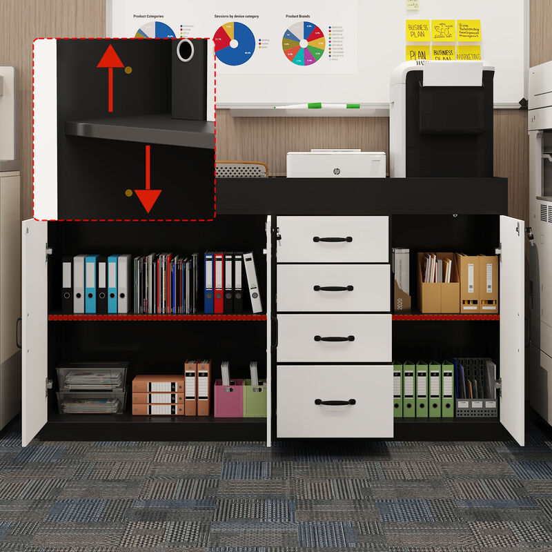 FUFU&GAGA Black and White Bookshelf with 4 Drawers and 3 Doors, Particle Board Construction with Laminate Finish (47.2" W x 31.5" H x 15.7" D), White