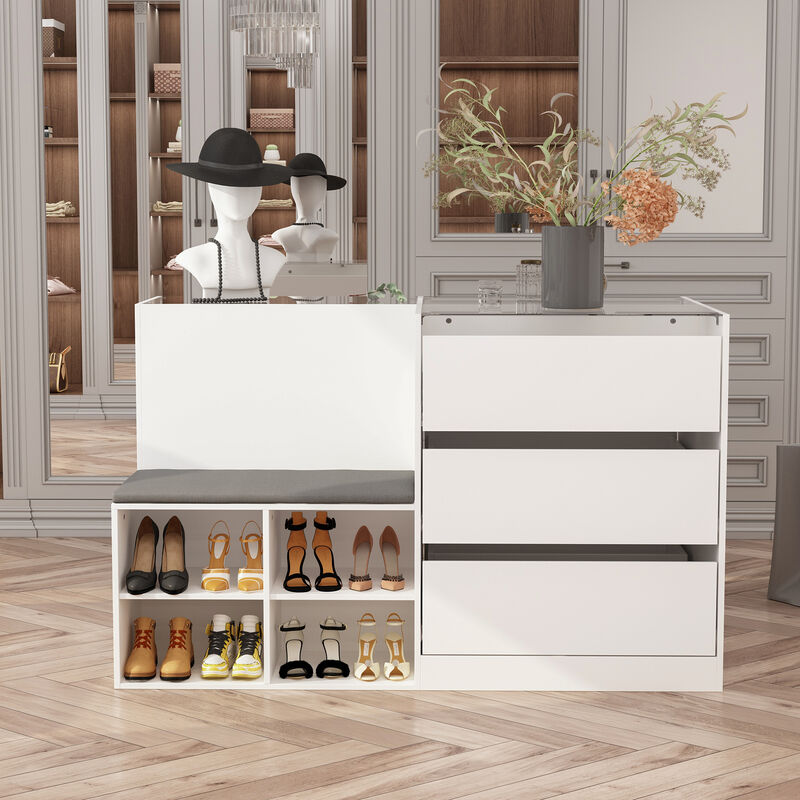 Armoire Bedroom Island Wardrobe Closet Island with 9 Drawers & Glass Tabletop, Island Dresser with Cushion Bench, Closet Island for Bedroom Cloakroom White (47.2”W x 27.5”W x 31.5”H)
