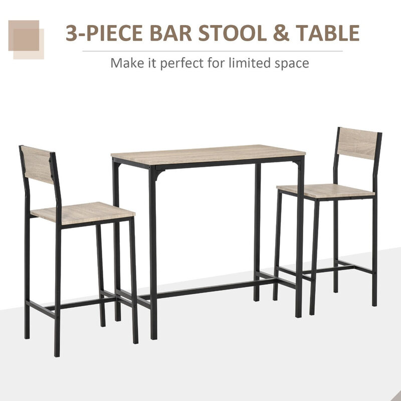 Natural Wood Bistro: 3-Piece Industrial Bar Table Set with 2 Stools