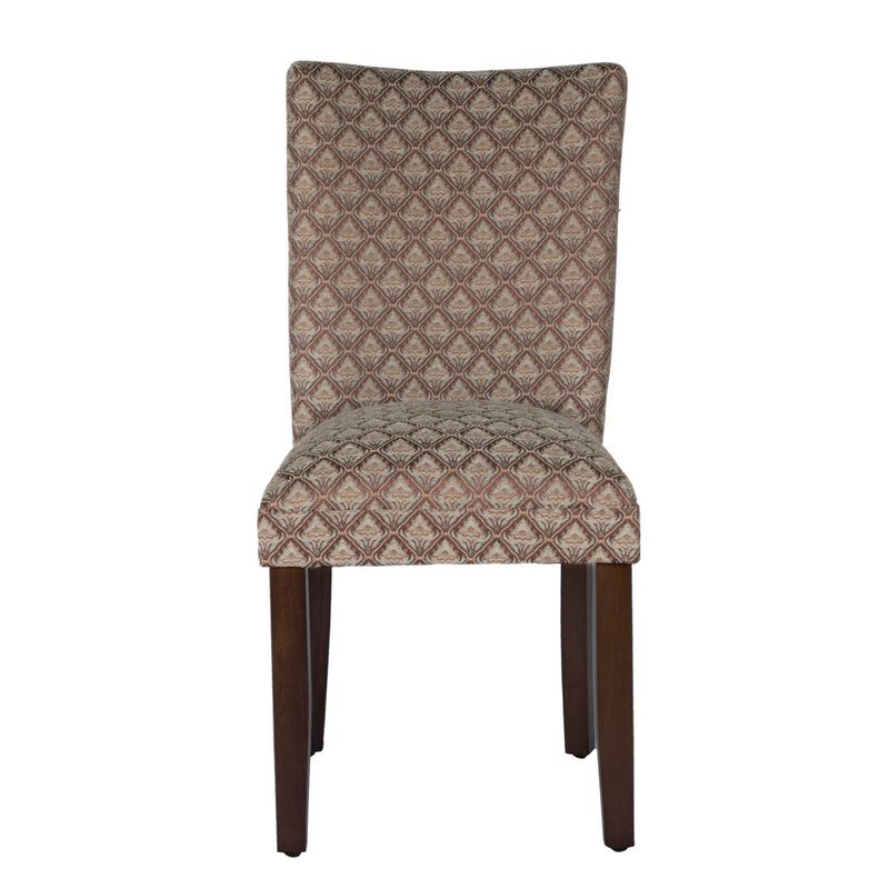 Wooden Parson Dining Chair with Damask Pattern Fabric Upholstery, Multicolor - Benzara