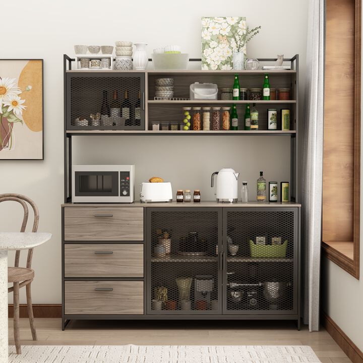59 in. W Kitchen Light Brown Wood Buffet Sideboard Pantry Cabinet For Dining Room with Metal Mesh Doors, 3-Drawers