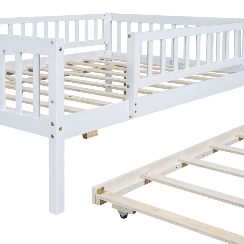Full Size Wood Daybed With Trundle And Fence Guardrails