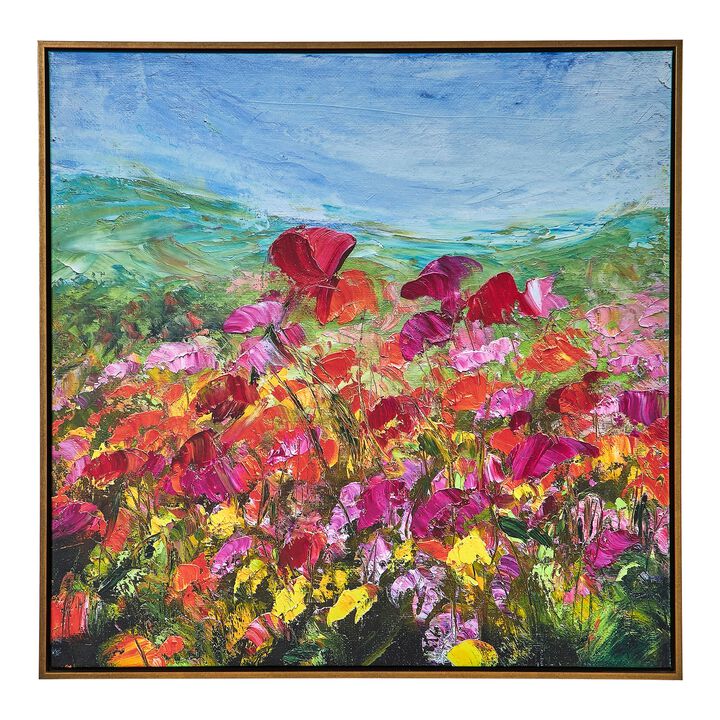 37 x 37 Handcrafted Wall Art Poppies Hillside on Framed Canvas, Gold Red - Benzara