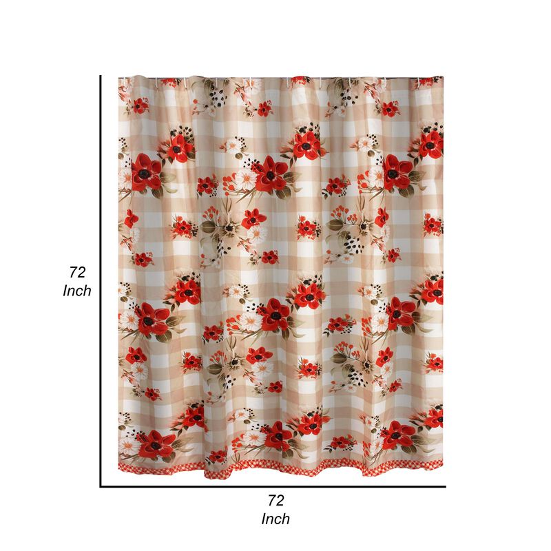 Lire 72 x 72 Inch Shower Curtain, Ruffled Rows, Floral Print, Multicolor - Benzara
