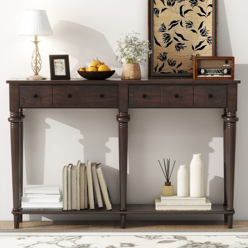 Gewnee Retro Console Table with 4 Drawers and Open Shelf