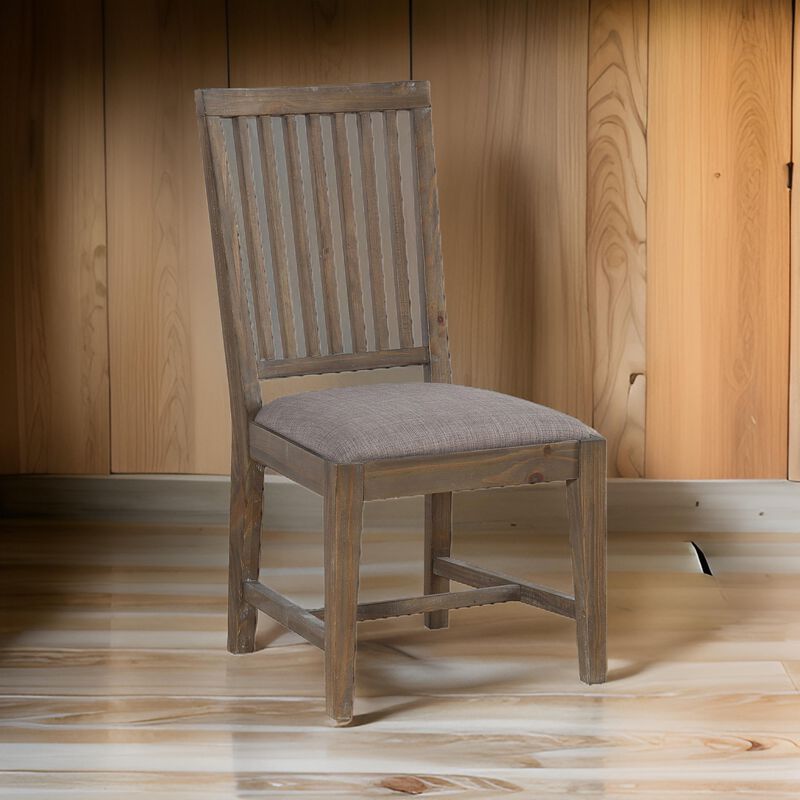 Wooden Chair with Fabric Upholstered Seat and Slat Style Back, Set of 2, Oak Brown and Gray - Benzara
