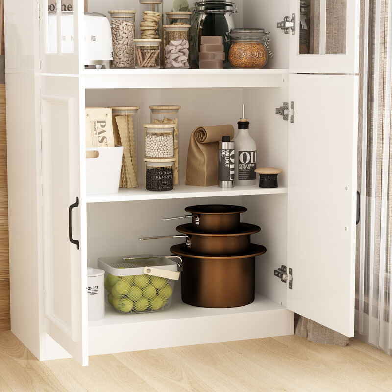 White Wooden MDF ( 31.5 in. W) Sideboard, Accent Storage Cabinet, Food Pantry with 4 Tempered Glass Doors and 5 Shelves